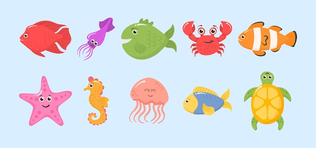 Set of funny ocean animals  on a white background.