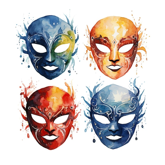 Vector set of funny party mask vector watercolor white backgr