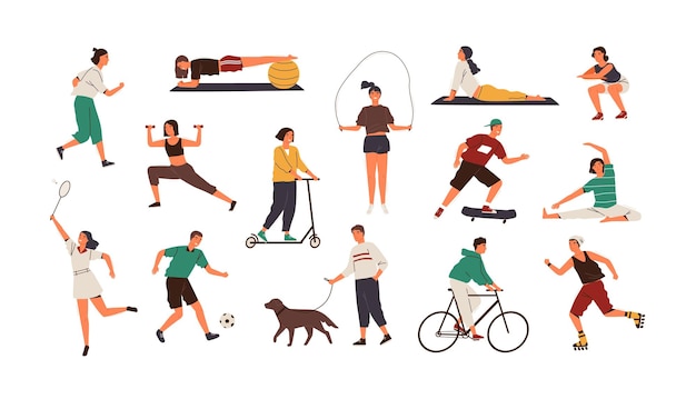 Vector set of funny people performing sports activities, fitness workout or playing games. bundle of training or exercising men and women isolated on white background. flat cartoon vector illustration.