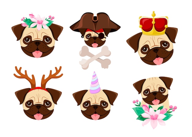 Vector a set of funny pugs on a white background cartoon dog design vector illustration