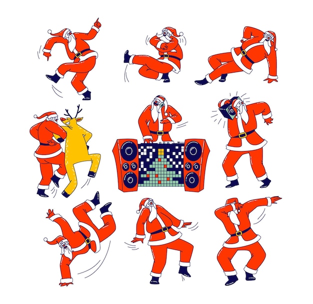 Set of funny santa claus and reindeer dancing