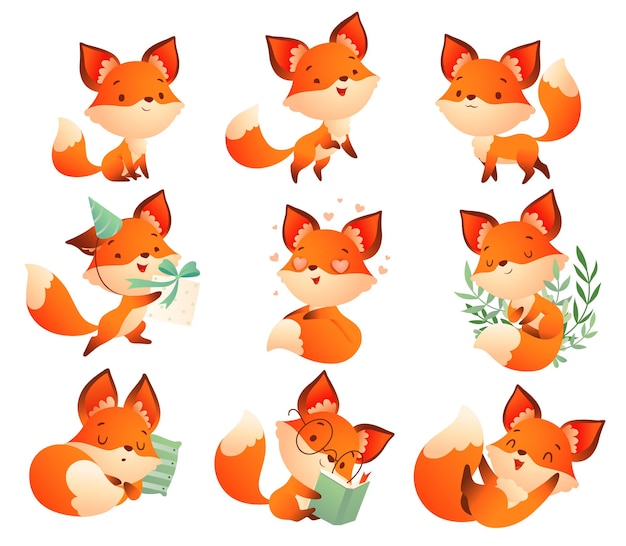 Vector set of funny situations of a smart fox amazingly cute fox in different touching moments of life