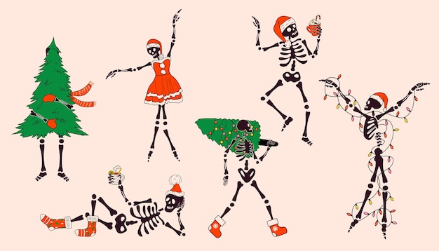 Set of Funny Skeleton with with decoration christmas Cute character Skeleton Bones