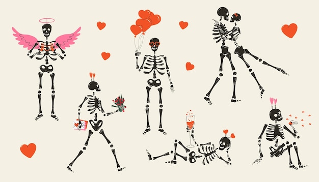 Set of Funny Skeletons with decor for Valentines day Cute character Skeleton Bones