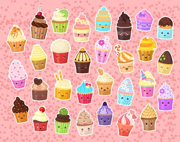 Set of funny stickers for girls Cute cartoon cupcakes Collection in the style of kawaii