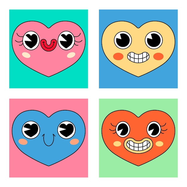 Set of funny stickers with heart faces Image of heart in retro cartoon style Funny design for valentine's day Vector illustration