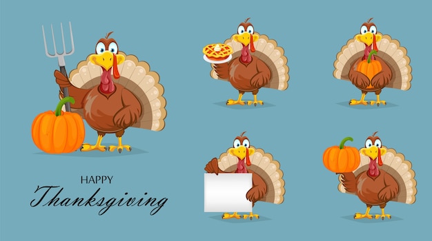 Vector set of funny thanksgiving turkey in flat design