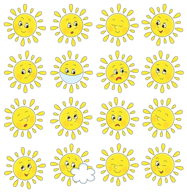 Set of funny yellow sun emoticons with smiling sad and many other faces of toy characters