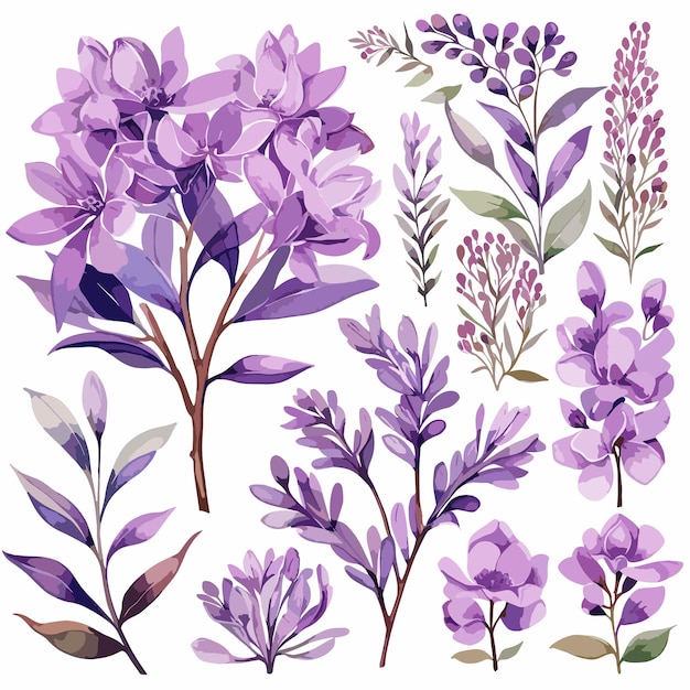 Vector set funnytree watercolor purple floral