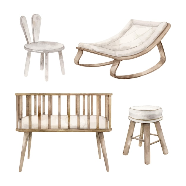 A set of furniture for a babys nursery in brown and white tones swing chair stool crib Isolated