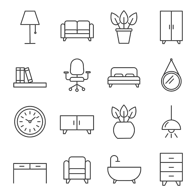 Набор мебели с иконой черной линии интерьерных элементов, таких как диван, гардероб, лампа, стул