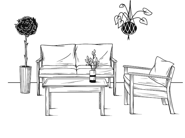 정원 가구 세트. 식물 사이의 안락 의자, 소파 및 테이블. 스케치 스타일의 일러스트레이션