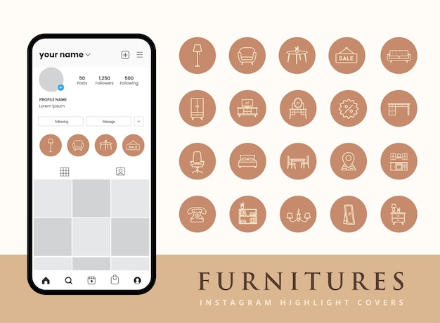 Set of furniture icons for instagram story highlight covers