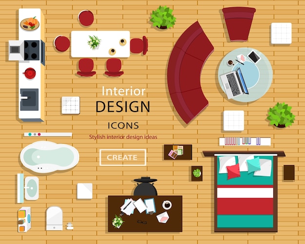 Vector set of furniture icons for room interiors. top view of interior icons: sofa, chairs, table, bed, nightstands, armchairs, flowerpots, kitchen and bathroom.    illustration.