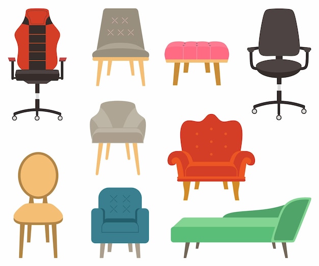 Vector set of furniture sofas and armchairs in colorful design comfortable empty chairs collection for interior equipment vector illustration of chair in different models flat cartoon style