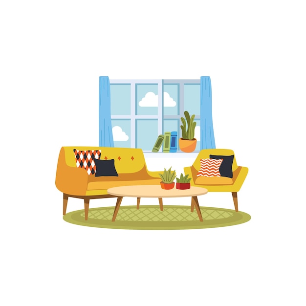 a set of furnitures in living room flat style illustration