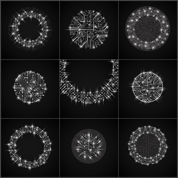 Set of futuristic cybernetic schemes with multidirectional arrows, vector gray motherboards with flash lights. Circular gleam elements with circuit board texture.