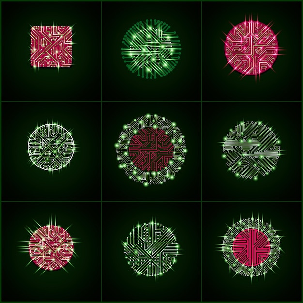 Vector set of futuristic cybernetic schemes with multidirectional arrows, vector green motherboards with flash lights. circular gleam elements with circuit board texture.