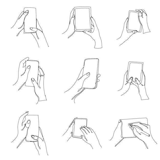 Un set di gadget nelle mani smartphone tablet o ebook un dispositivo per l'apprendimento della comunicazione e la creatività illustrazione vettoriale di isolati su sfondo bianco