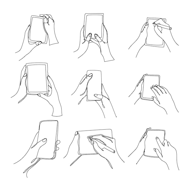 Un set di gadget nelle mani smartphone tablet o ebook un dispositivo per l'apprendimento della comunicazione e la creatività illustrazione vettoriale di isolati su sfondo bianco