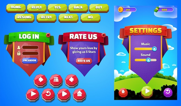 Vector set of game assets menu buttons back ground screen popup screens and settings buttons