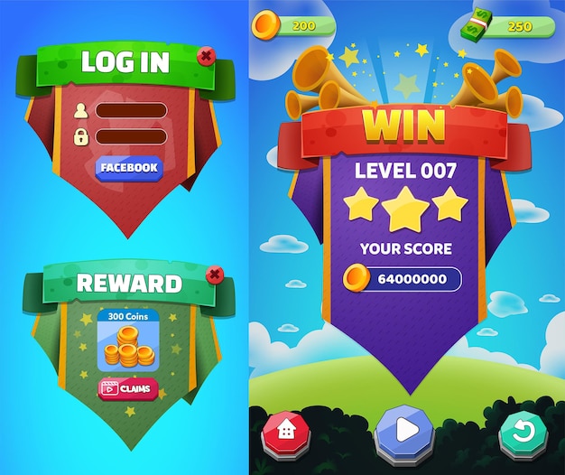 ゲームアセットメニューボタンのセットバックグラウンド画面ポップアップ画面と設定ボタン