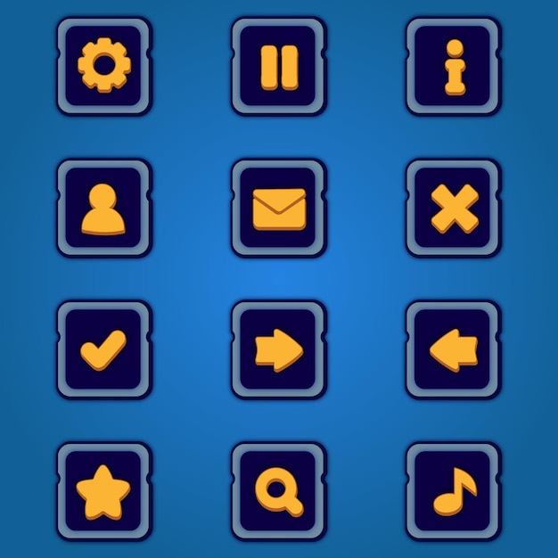 Set di pulsanti di gioco in stile cartone animato, elementi colorati dell'interfaccia grafica. kit pulsanti dell'interfaccia utente di gioco