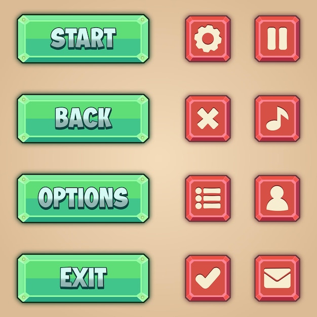 Set of game buttons with editable text effect and icons in cartoon style. Game UI button kit