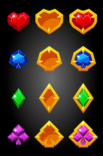 Vector set of game card suits icons constructor. poker symbols, golden gambling badges.