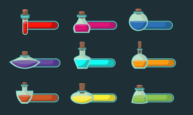 Vector set game icons of bottles with poison or elixir and status indicator gui bar element for game design