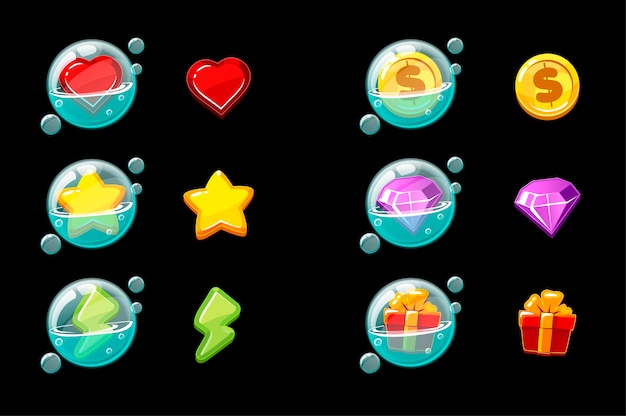 Vector set of game icons in bubbles. soap bubbles with objects for the interface or game menu.