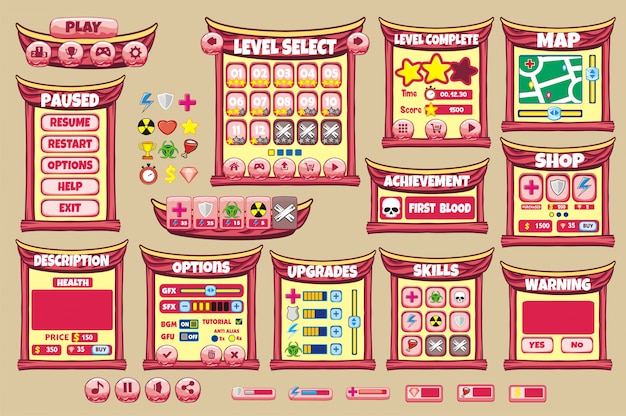 Vector set of game interface with buttons