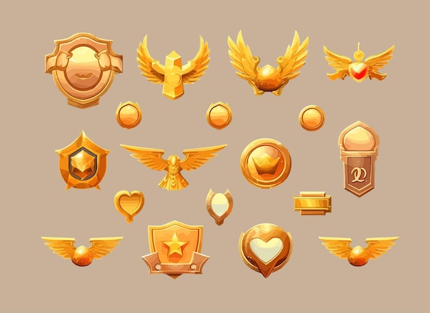 Set of game level icons empty golden medals with banners wingsIsolated on background Cartoon vector illustration