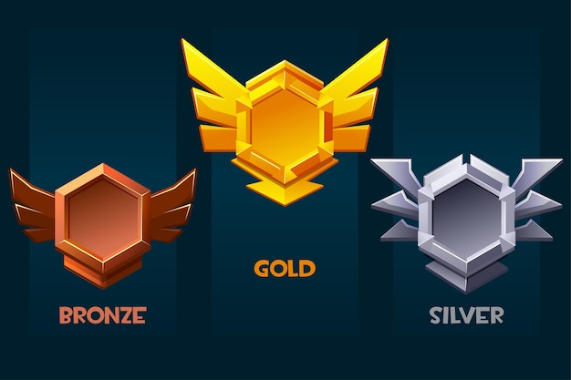 Vector set of game rank icons bronze silver and gold