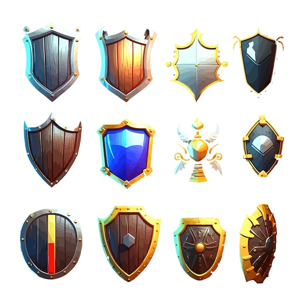 Set of game shields cartoon fantasy medieval armor of metal and wood isolated on background cartoon vector illustration