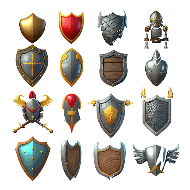 Set of game shields cartoon fantasy medieval armor of metal and wood Isolated on background Cartoon vector illustration