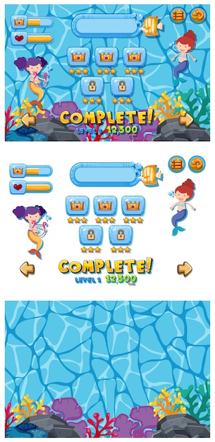 Set of game template with mermaids underwater