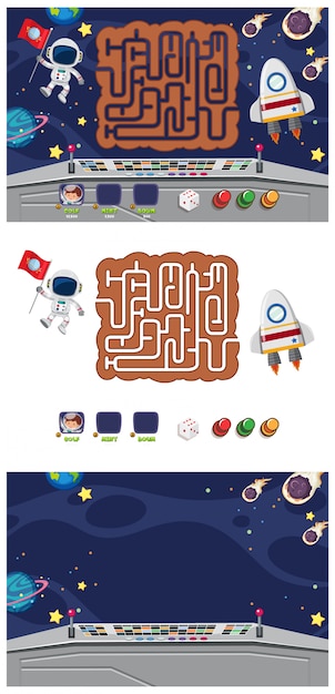 Vector set of game template with spaceship and astronaut