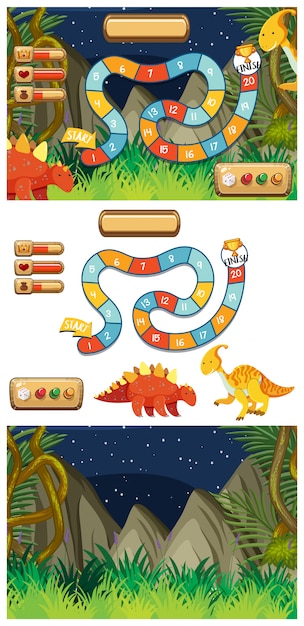 Vettore set di modelli di gioco con i dinosauri di notte