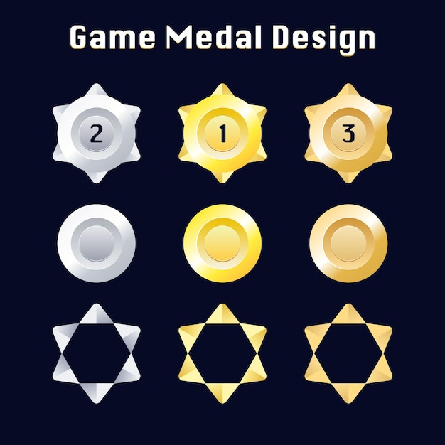 Set di badge di valutazione dell'interfaccia utente di gioco per i vincitori del gioco. medaglia d'oro, argento, bronzo del gioco. illustrazione vettoriale