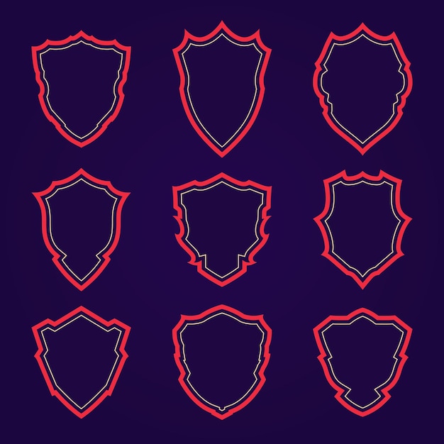 Set of gaming badges edgy shield shapes blank outline frames fantasy vintage style vector graphics