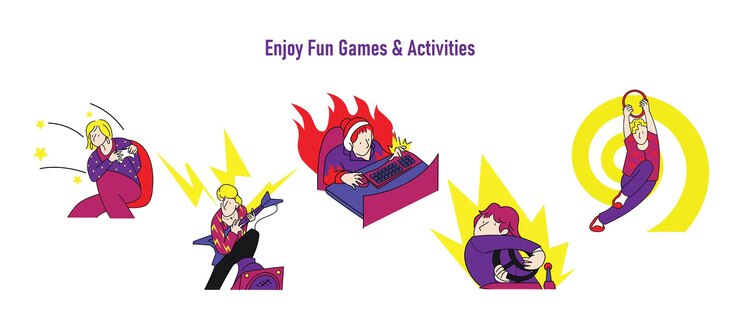 Vector set of gaming illustration group of people with playing games activities graphic cartoon style bund