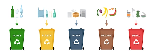 Set of garbage bins for recycling different types of waste sorting and recycling waste vector illustration