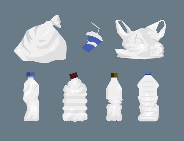 Vector set of garbage in cartoon style vector illustration of contamination of the environment with plastic waste bottles bags plastic cups on gray background