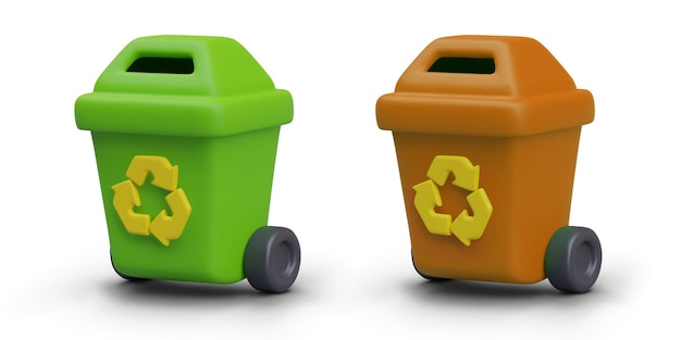 Set of garbage containers of different colors with triangular recycling sign
