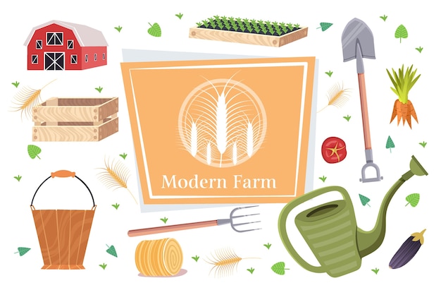 벡터 정원 및 농장 도구 원예 장비 컬렉션 유기 에코 농업 농업 개념 설정