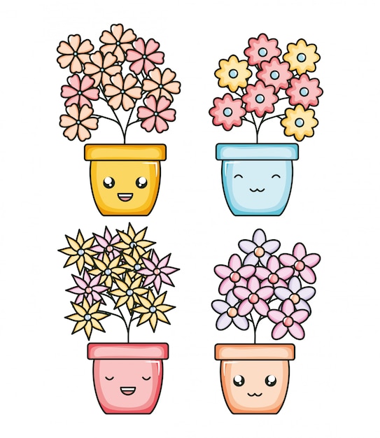 Set of garden plants in pots kawaii characters