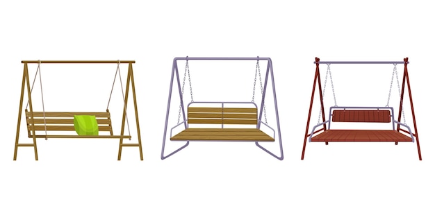 Vector set of garden swing benchs. classic outdoor garden wooden hanging furniture. wooden porch swings hanging on frame with ropes and chains. patio elements for relax.