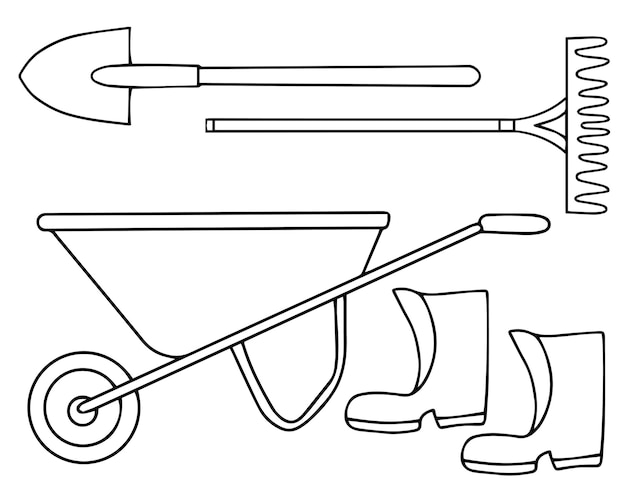 Set di utensili da giardino elementi vettoriali scarabocchi paletta a mano rastrello irrigazione lattina stivali di gomma carriola isolata su bianco illustrazione vettoriale