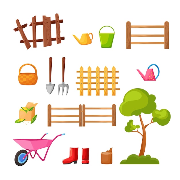 A set of garden tools  a fork  a bucket a cart a watering can a fence boots a basket